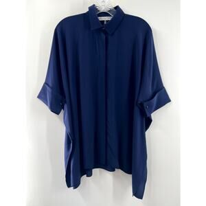 Trina Turk Women's Navy Blue Silk Raglan Sleeve Button Front Blouse Size Small